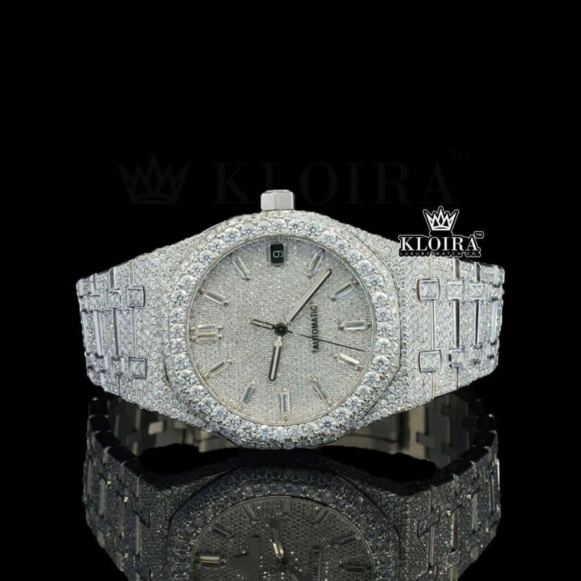 AP Royal Oak Fully Iced Out Moissanite Watch with white dial and diamond markers
