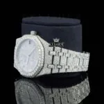 White Dial Diamond Markers Fully Iced Out Moissanite Watch Laft Profile View