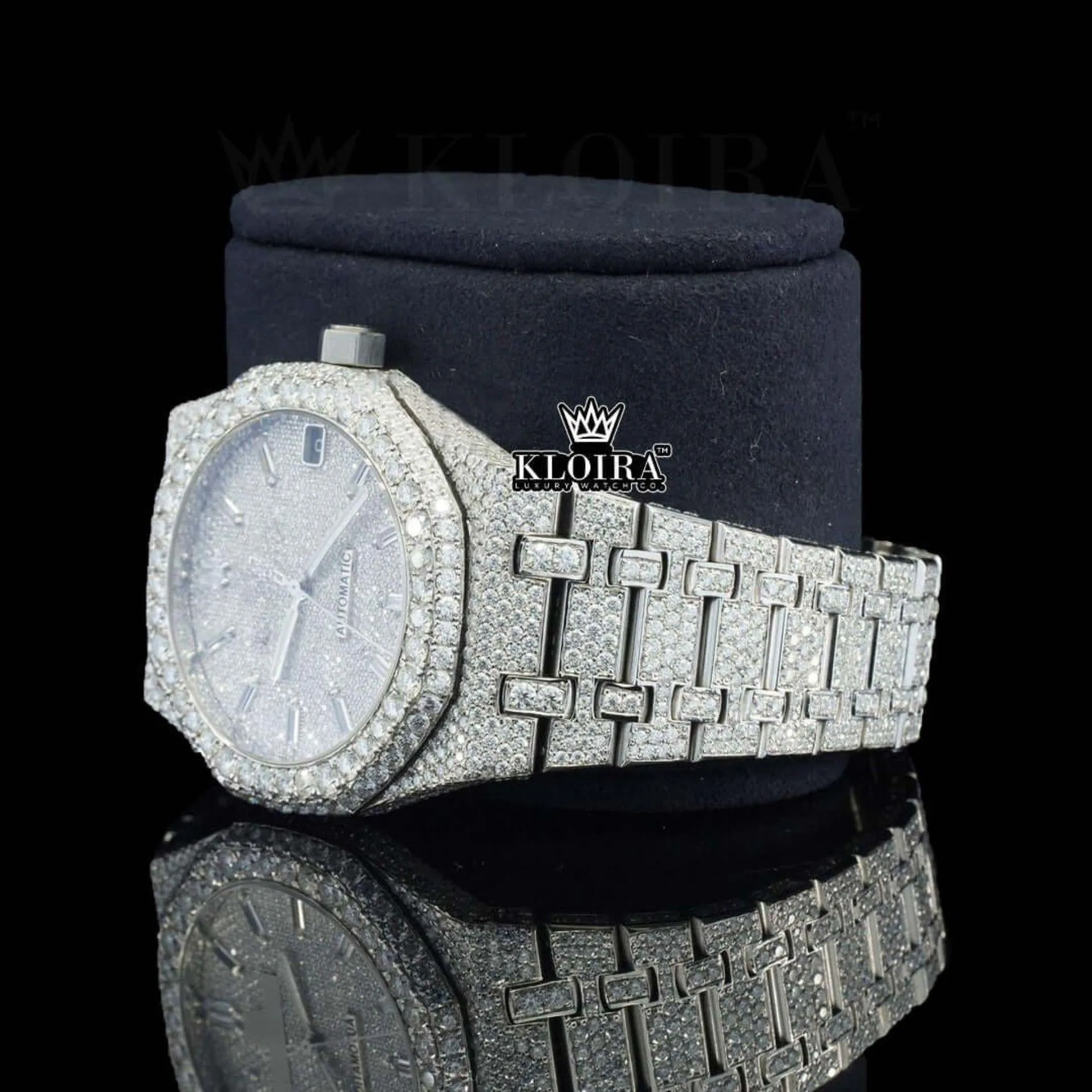 White Dial Diamond Markers Fully Iced Out Moissanite Watch Laft Profile View
