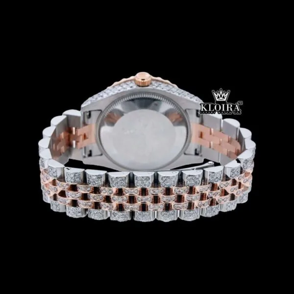 White Dial Diamond Markers Two Tone Iced Out Moissanite Watch Caseback View