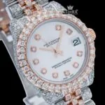White Dial Diamond Markers Two Tone Iced Out Moissanite Watch Close Up Dial View