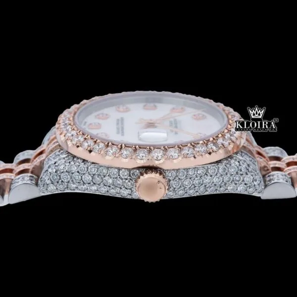 White Dial Diamond Markers Two Tone Iced Out Moissanite Watch Crown View