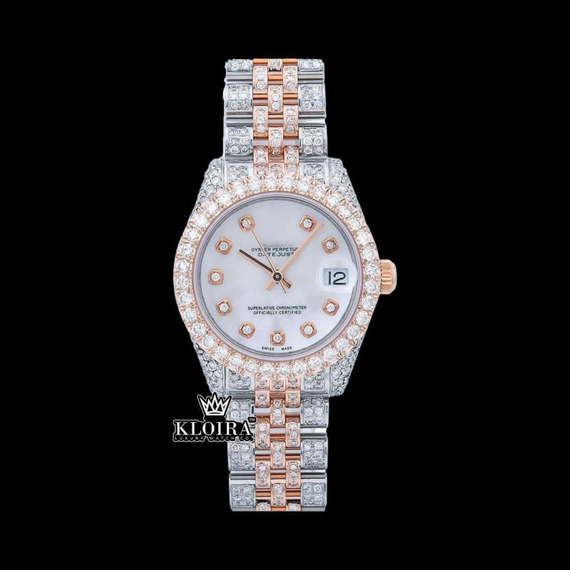 Roles White Dial Diamond Markers Two Tone Iced Out Moissanite Watch with Diamond Markers