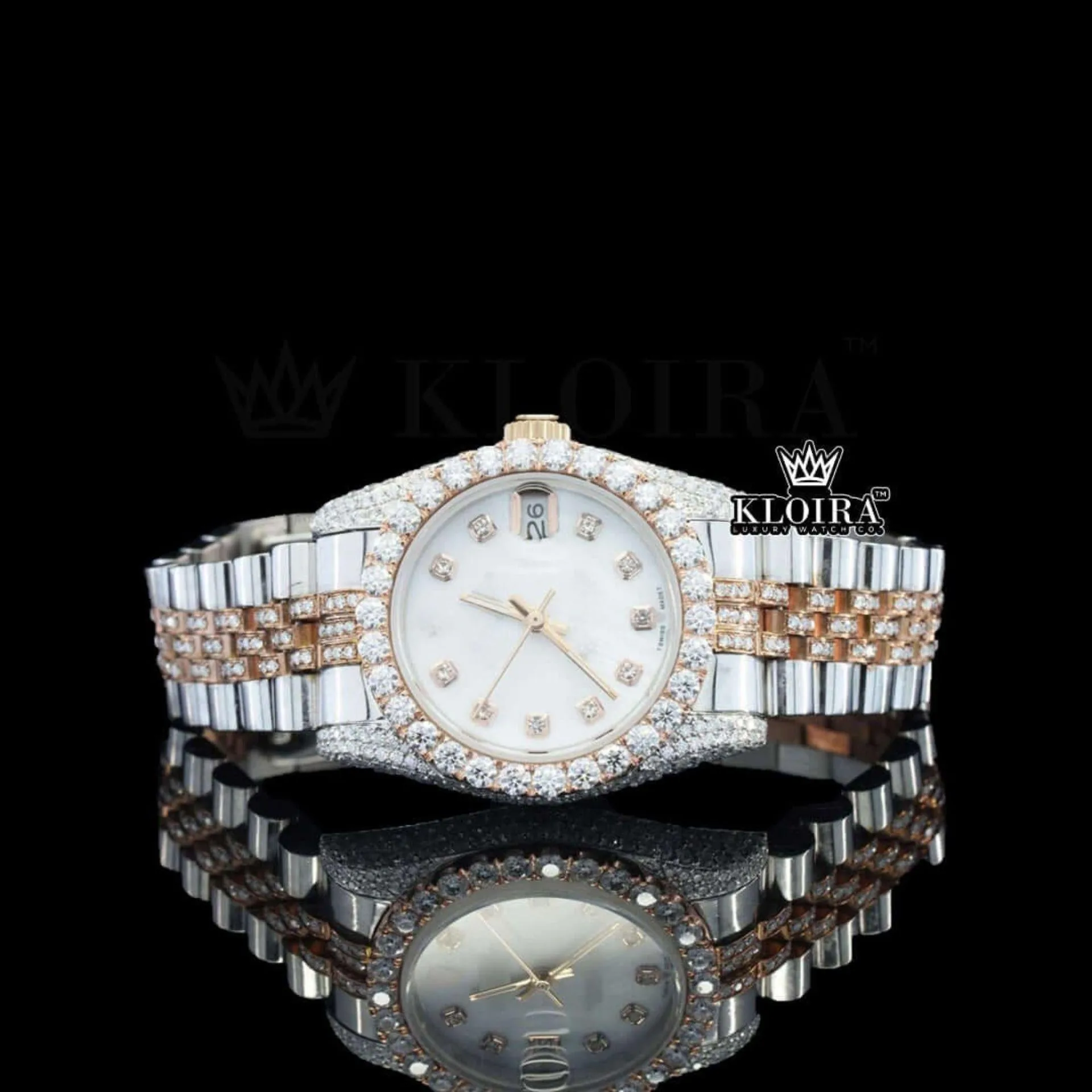 Roles Moissanite Watch with white dial and diamond markers view