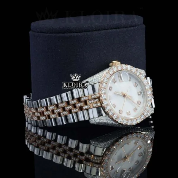 White Dial Diamond Markers Two Tone Rose Gold Strap Moissanite Watch Right Profile View
