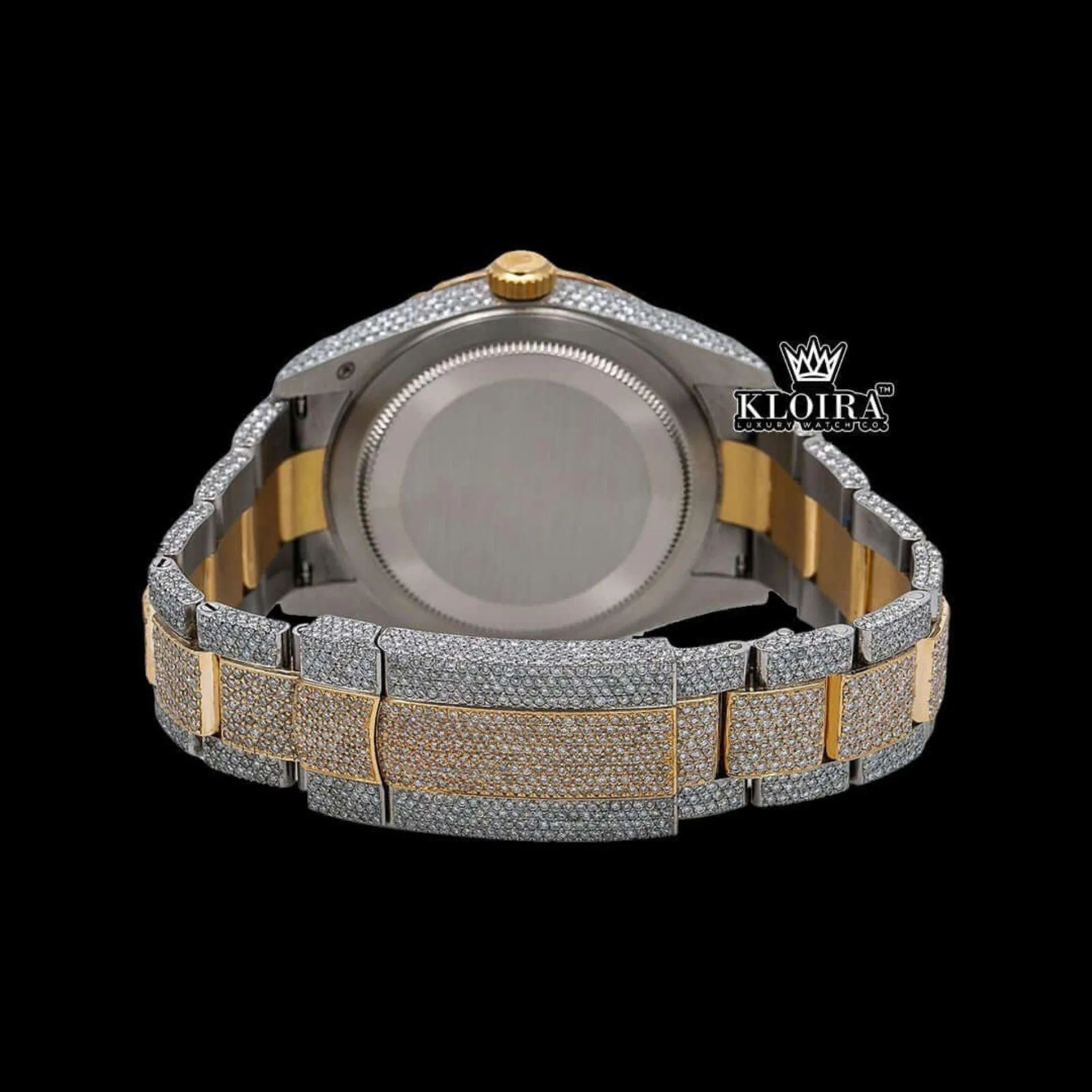 White Dial Dual Time Two Tone Moissanite Diamond Watch Caseback View