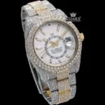White Dial Dual Time Two Tone Moissanite Diamond Watch Close Up Dial View