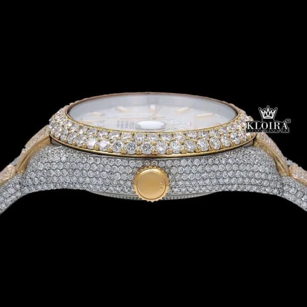 White Dial Dual Time Two Tone Moissanite Diamond Watch Crown View