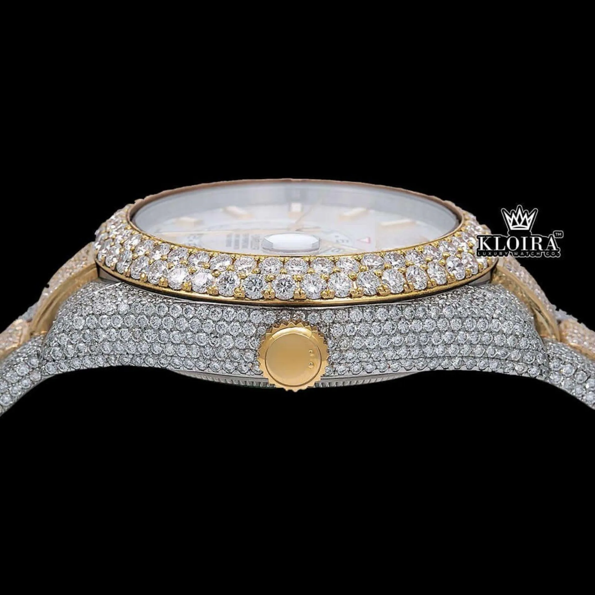 White Dial Dual Time Two Tone Moissanite Diamond Watch Crown View