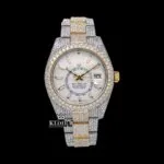 Roles White Dial Dual Time Two Tone Moissanite Diamond Watch with Silver Pave Dial and Blue Arabic Markers