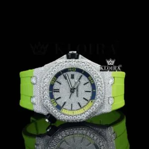 White Dial Green Rubber Strap Iced Out Moissanite Diamond Watch