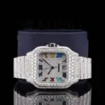 White Dial Rainbow Roman Numerals Fully Iced Moissanite Diamond Watch Close Up Front View