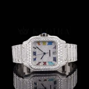 Cartior Iced-Out Moissanite Watch with Rainbow Roman Numerals
