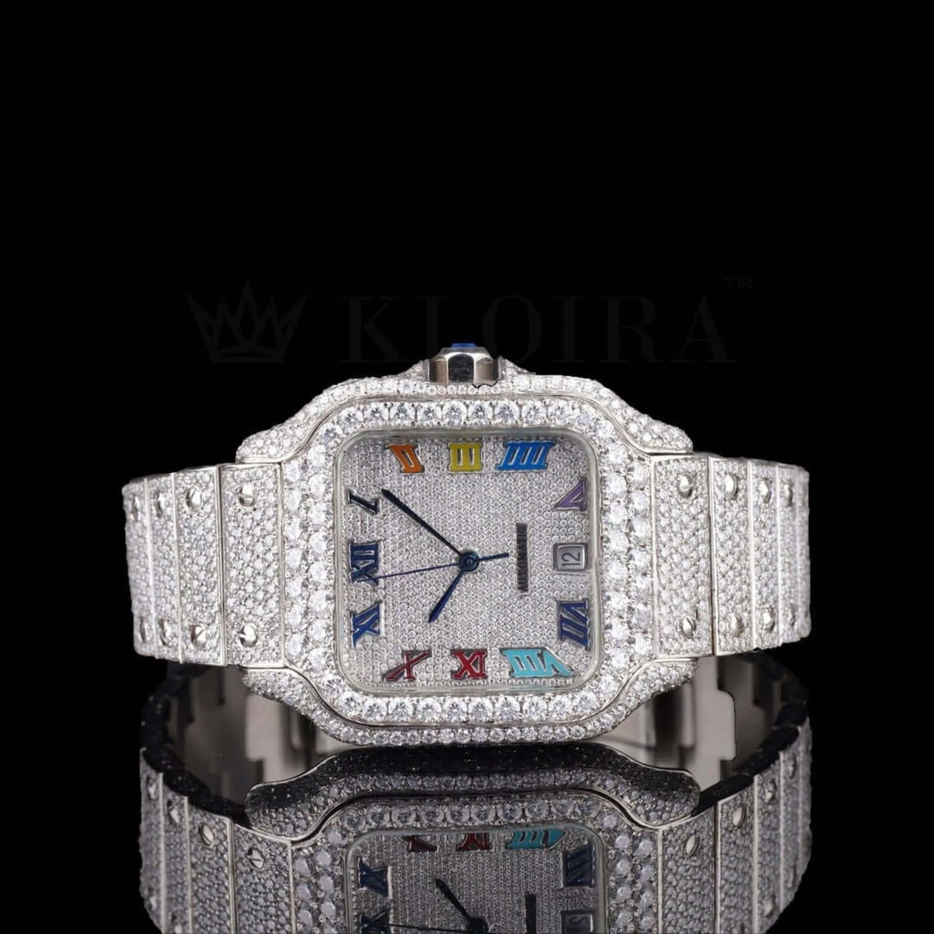 Cartior Iced-Out Moissanite Watch with White Dial and Rainbow Roman Numerals