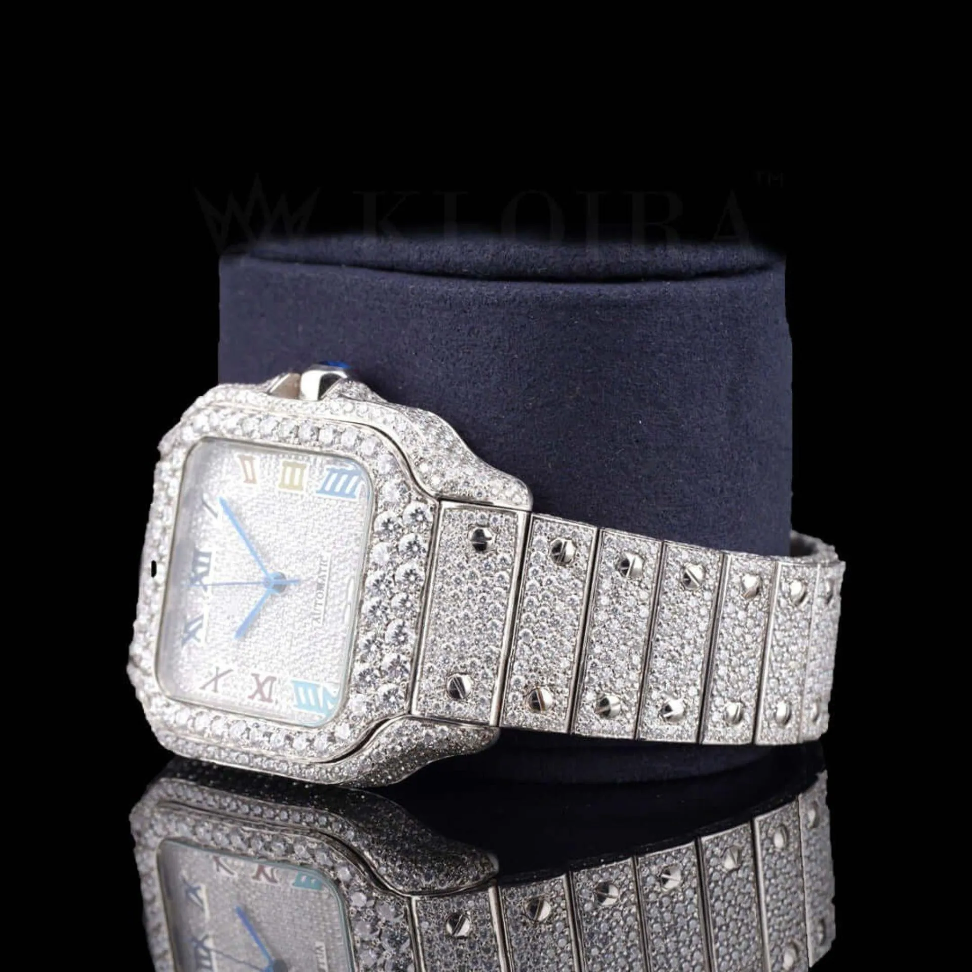 White Dial Rainbow Roman Numerals Fully Iced Moissanite Diamond Watch Left Profile View
