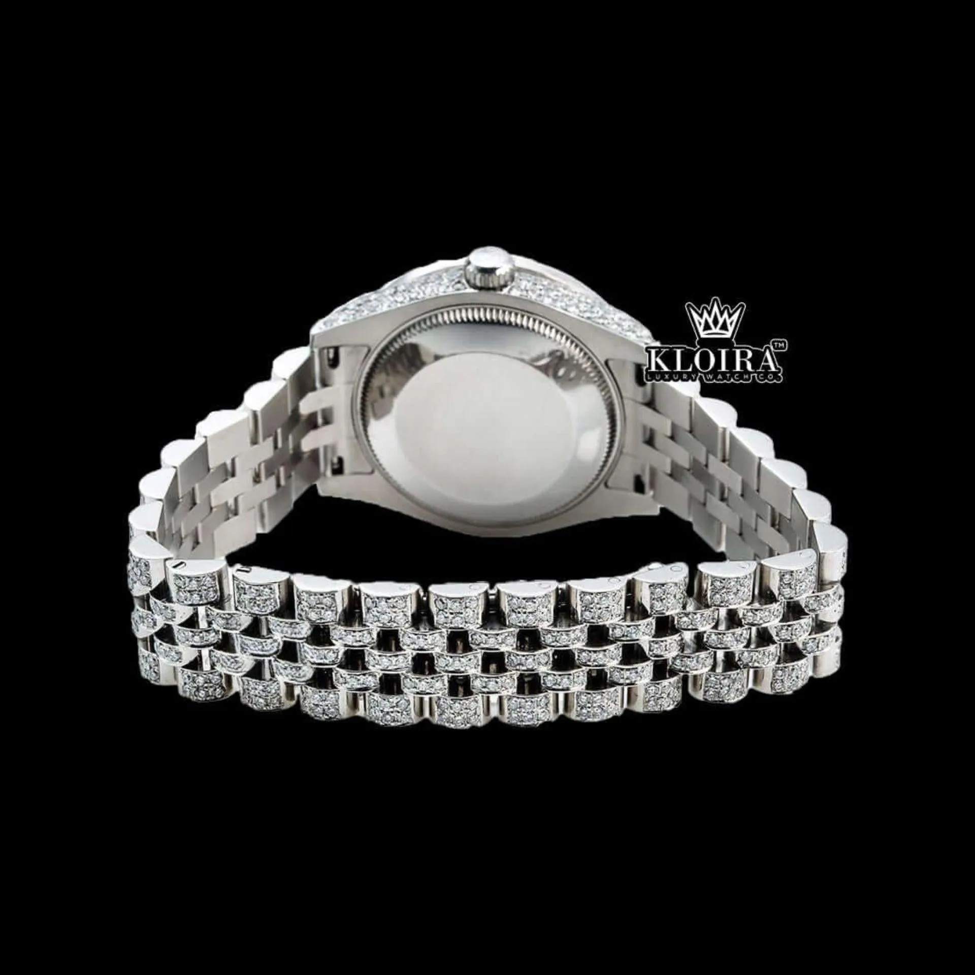 White Dial Roman Numeral Fully Iced Out Moissanite Diamond Watch Caseback View