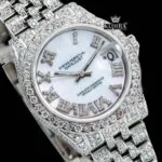White Dial Roman Numeral Fully Iced Out Moissanite Diamond Watch Close Up Dial View