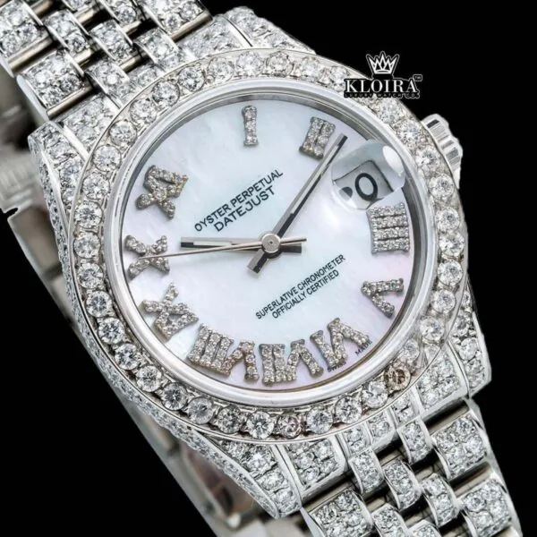 White Dial Roman Numeral Fully Iced Out Moissanite Diamond Watch Close Up Dial View