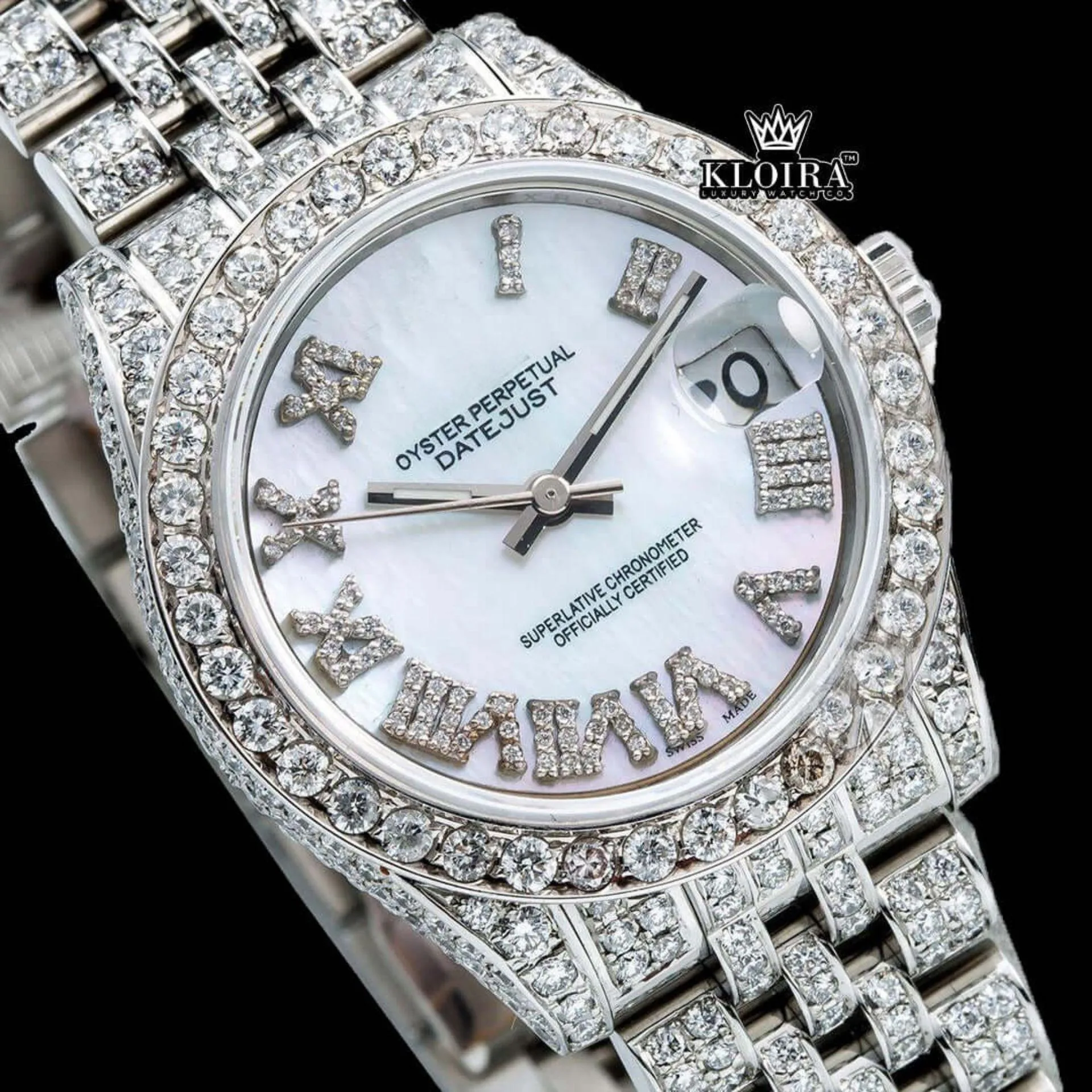 White Dial Roman Numeral Fully Iced Out Moissanite Diamond Watch Close Up Dial View