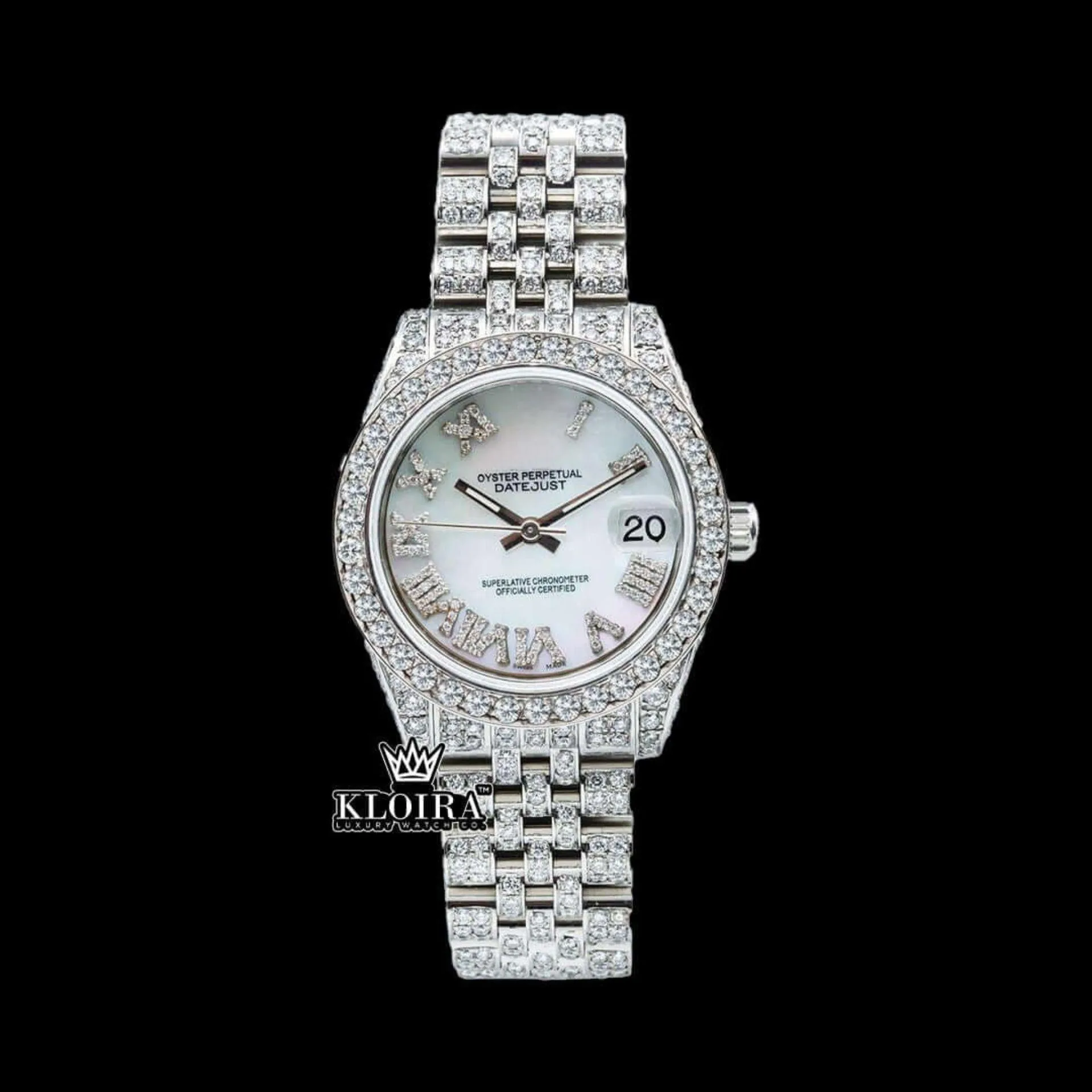 Roles White Dial Roman Numeral Moissanite Diamond Watch with sparkling details