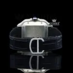 White Dial Roman Numerals Black Leather Strap Moissanite Diamond Watch Caseback View