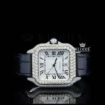 Cartior Santos Moissanite Diamond Watch with White Dial and Black Leather Strap