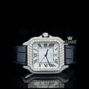 Cartior Santos Moissanite Diamond Watch with Black Leather Strap