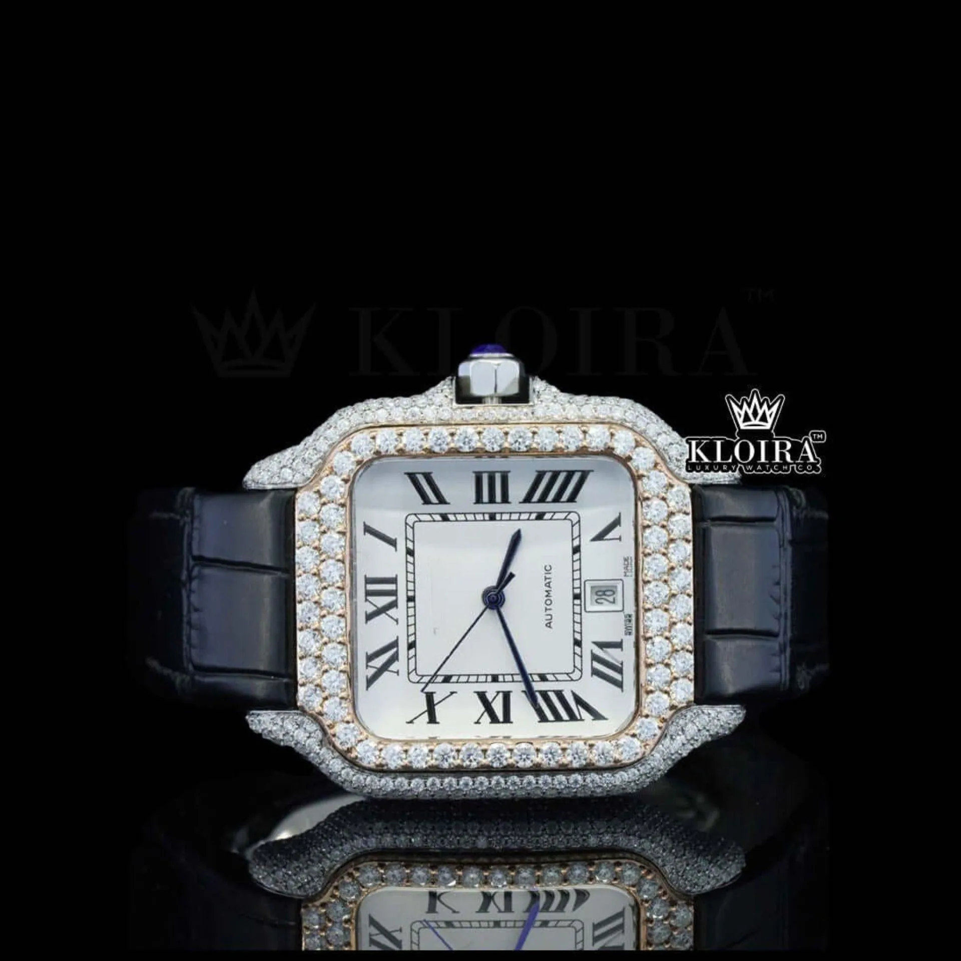 Cartior Santos Moissanite Diamond Watch with White Dial and Black Leather Strap