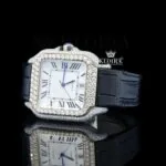 White Dial Roman Numerals Black Leather Strap Moissanite Diamond Watch Left Profile View