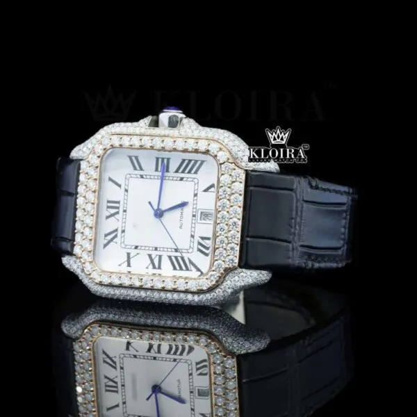 White Dial Roman Numerals Black Leather Strap Moissanite Diamond Watch Left Profile View