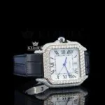 White Dial Roman Numerals Black Leather Strap Moissanite Diamond Watch Right Profile View