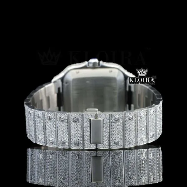 White Dial Roman Numerals Blue Hands Fully Iced Out Moissanite Watch Caseback View