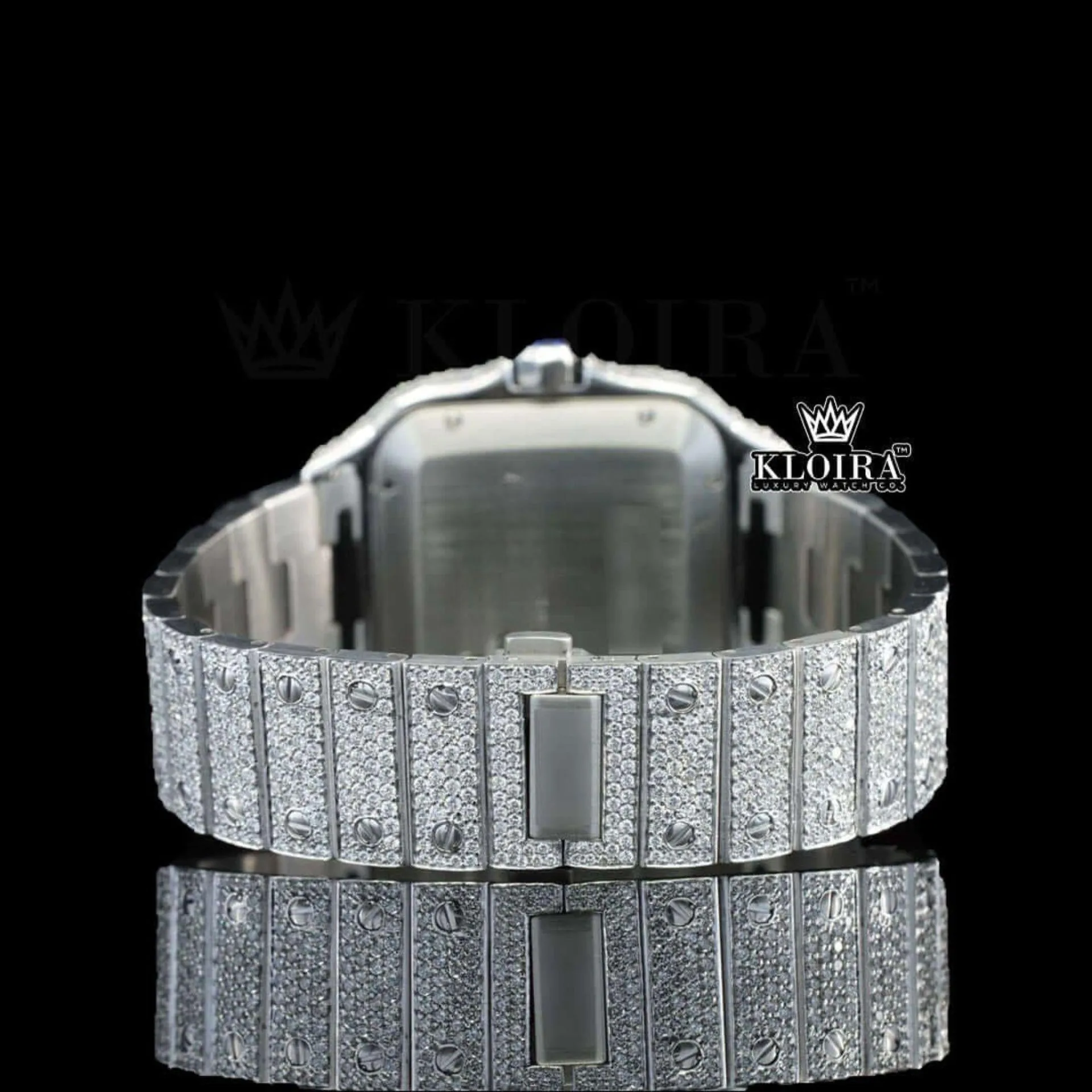 White Dial Roman Numerals Blue Hands Fully Iced Out Moissanite Watch Caseback View