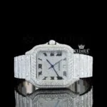 Cartior Santos Moissanite Watch with White Dial and Blue Hands, Fully Iced Out