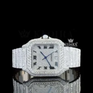 Cartior Santos Moissanite Watch with White Dial and Blue Hands