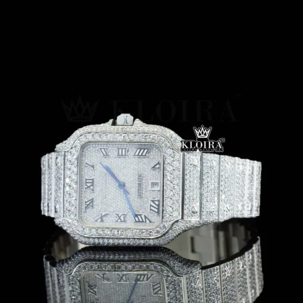 White Dial Roman Numerals Blue Hands Fully Iced Out Moissanite Watch Left Profile View