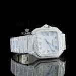 White Dial Roman Numerals Blue Hands Fully Iced Out Moissanite Watch Right Profile View