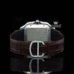 White Dial Roman Numerals Brown Leather Strap Moissanite Diamond Watch Caseback View