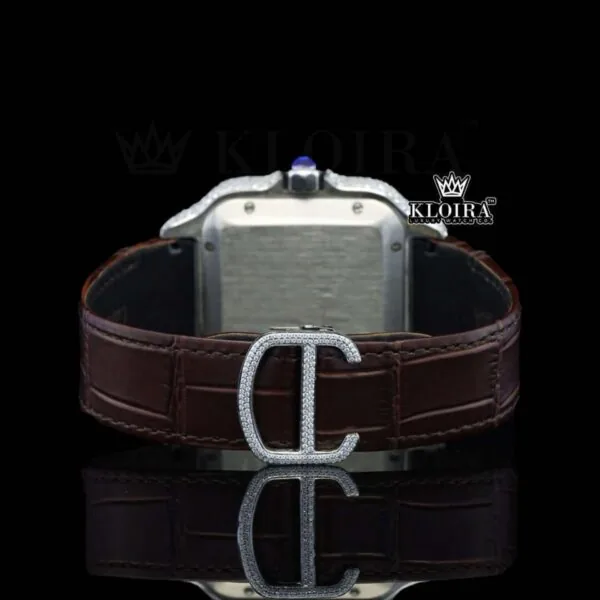 White Dial Roman Numerals Brown Leather Strap Moissanite Diamond Watch Caseback View