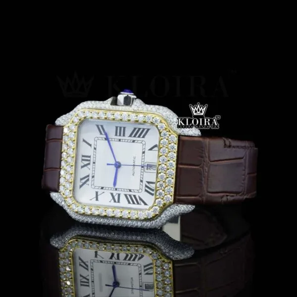 White Dial Roman Numerals Brown Leather Strap Moissanite Diamond Watch Close Up Dial View