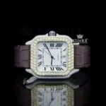 Cartior Santos Moissanite Diamond Watch with Brown Leather Strap and White Dial