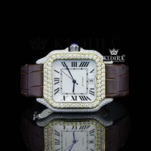 White Dial Roman Numerals Brown Leather Strap Moissanite Diamond Watch