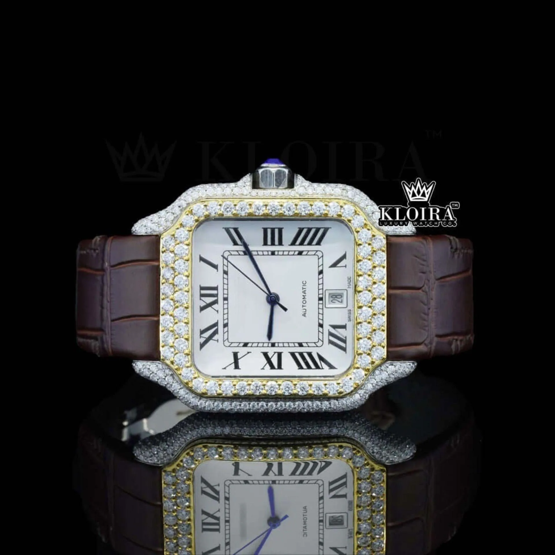Cartior Santos Moissanite Diamond Watch with Brown Leather Strap and White Dial