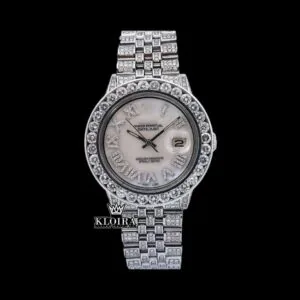 White Dial Roman Numerals Diamond Link Strap Moissanite Watch