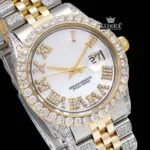 White Dial Roman Numerals Two Tone Moissanite Diamond Watch Close Up Dial View