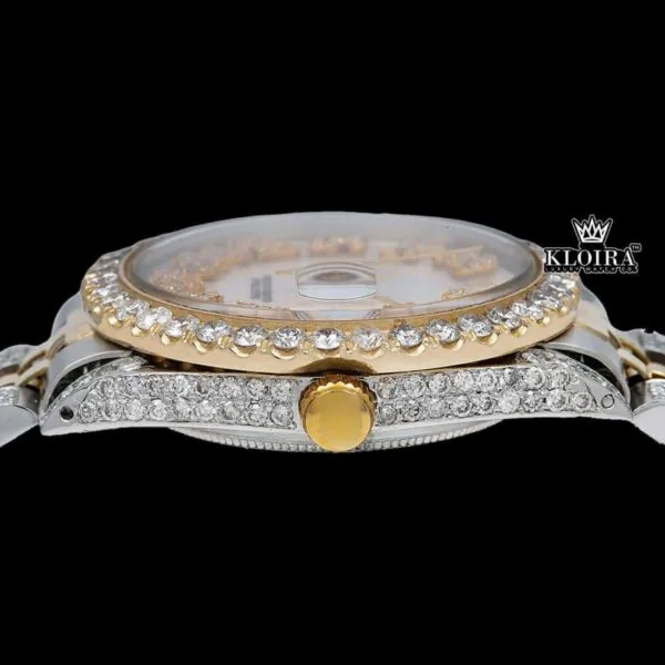 White Dial Roman Numerals Two Tone Moissanite Diamond Watch Crown View
