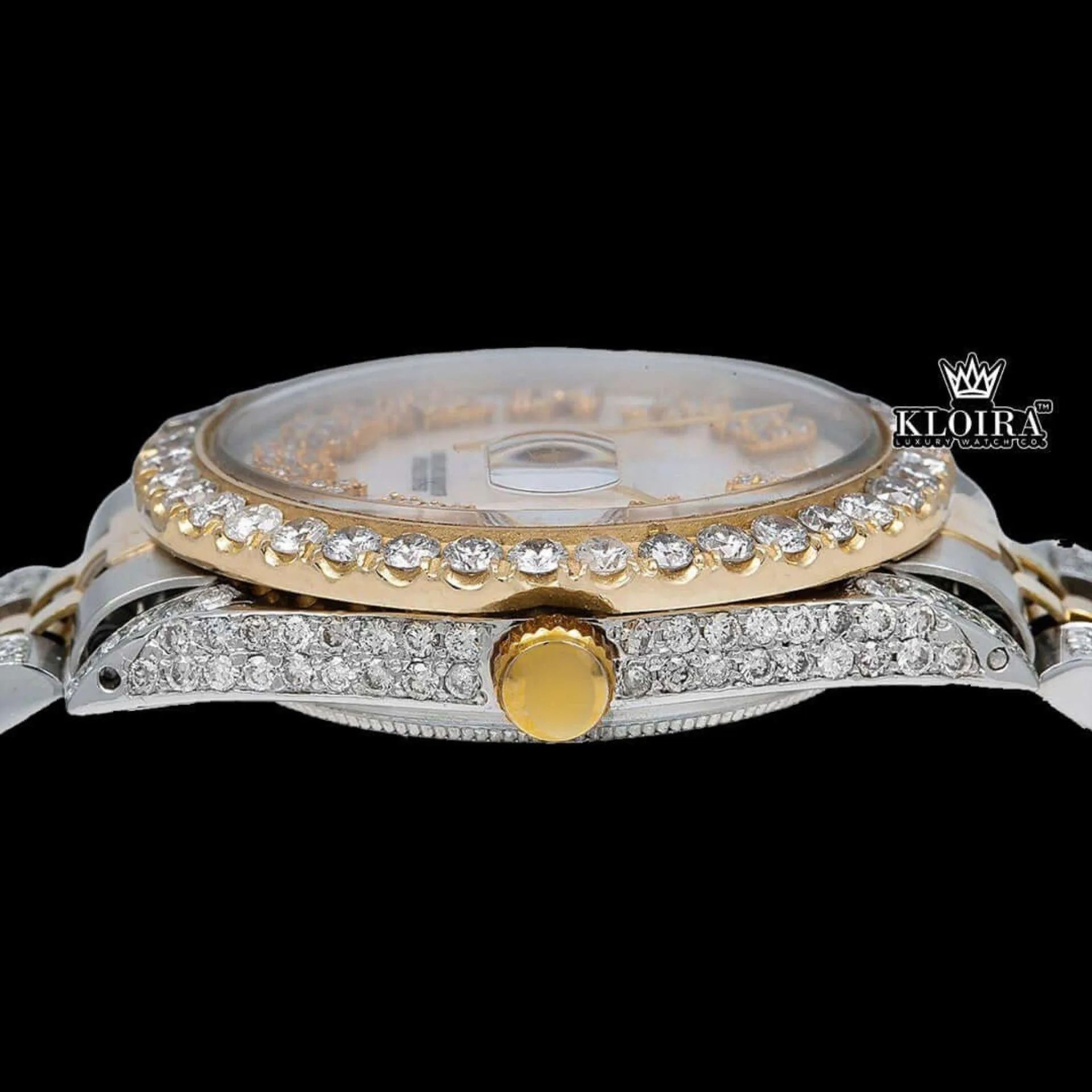 White Dial Roman Numerals Two Tone Moissanite Diamond Watch Crown View