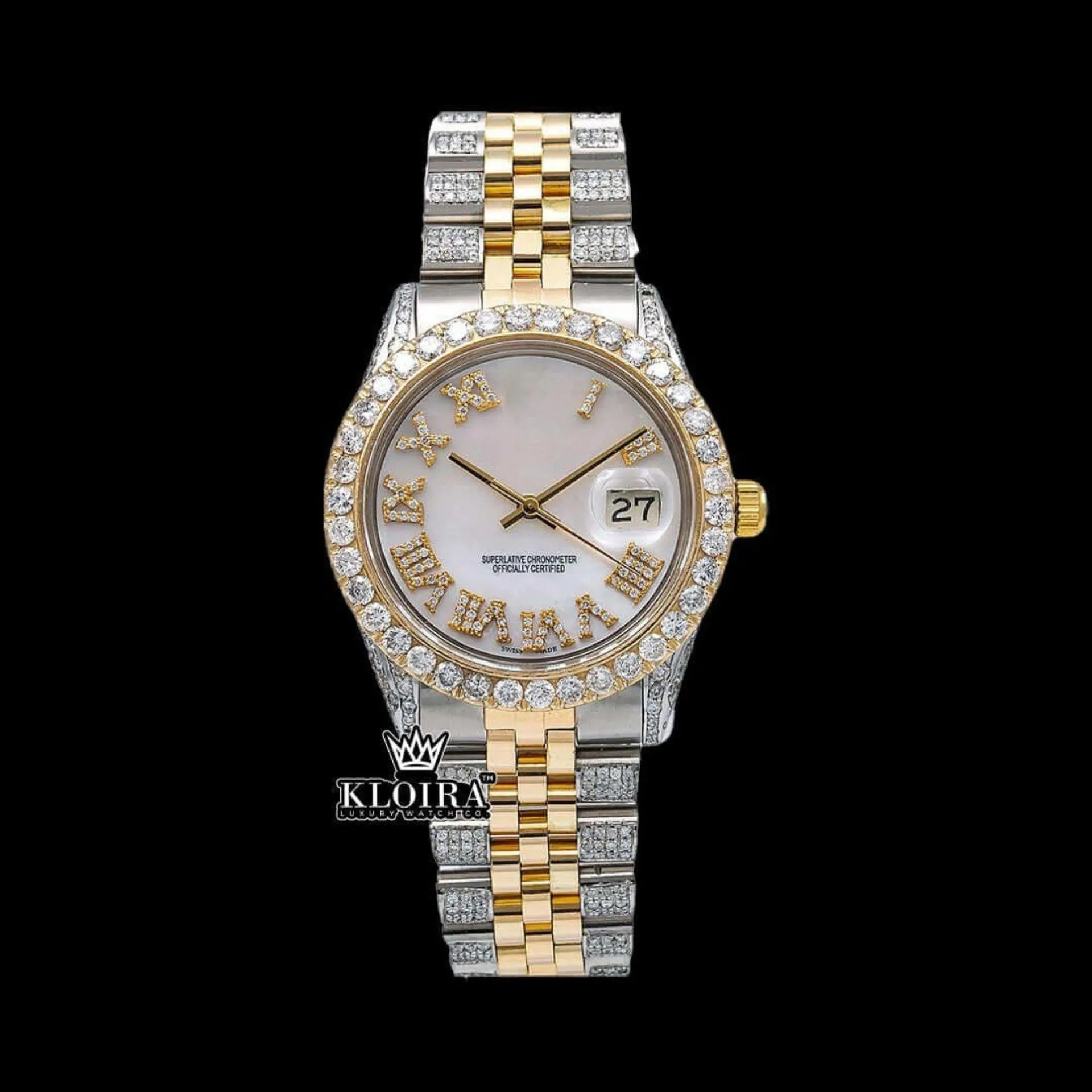 Roles White Dial Roman Numerals Two Tone Moissanite Diamond Watch with Gold Accents