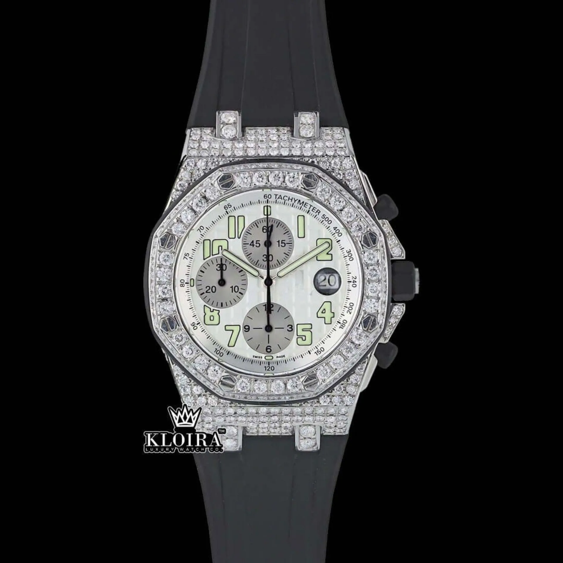 AP Royal Oak Offshore Chronograph Semi Iced Moissanite Diamond Watch with white dial and gold plating