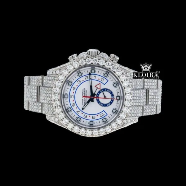 White Dial Standard Numerals Fully Iced Out Moissanite Watch Close Up Front View